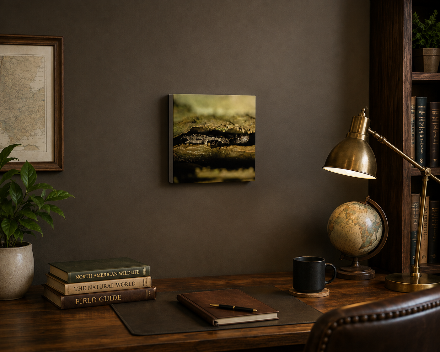 A square canvas wall art print depicting a Timber Rattlesnake in a rocky crevice.