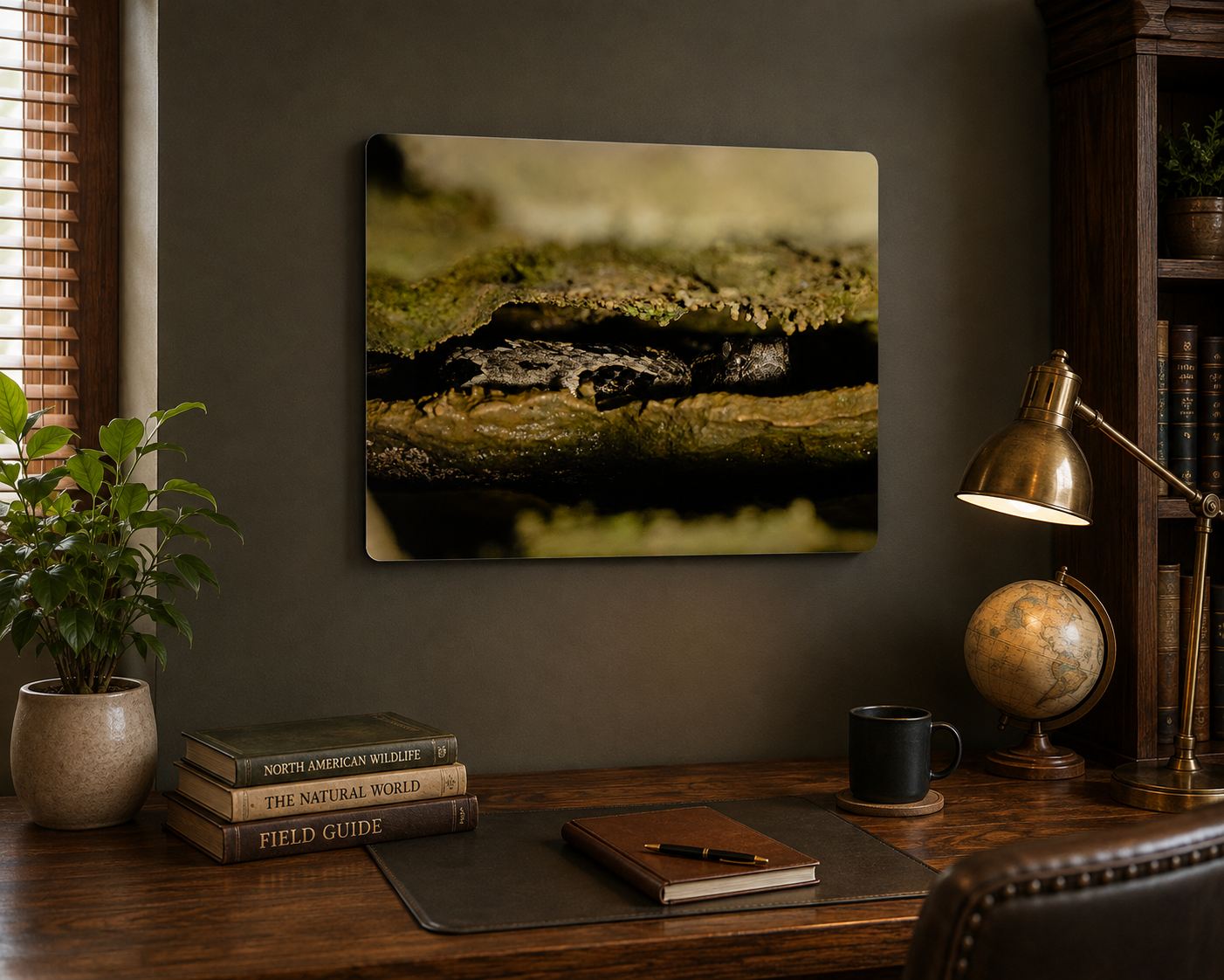A rectangular wall art print showing a close-up scene of a Timber Rattlesnake in a rocky crevice.