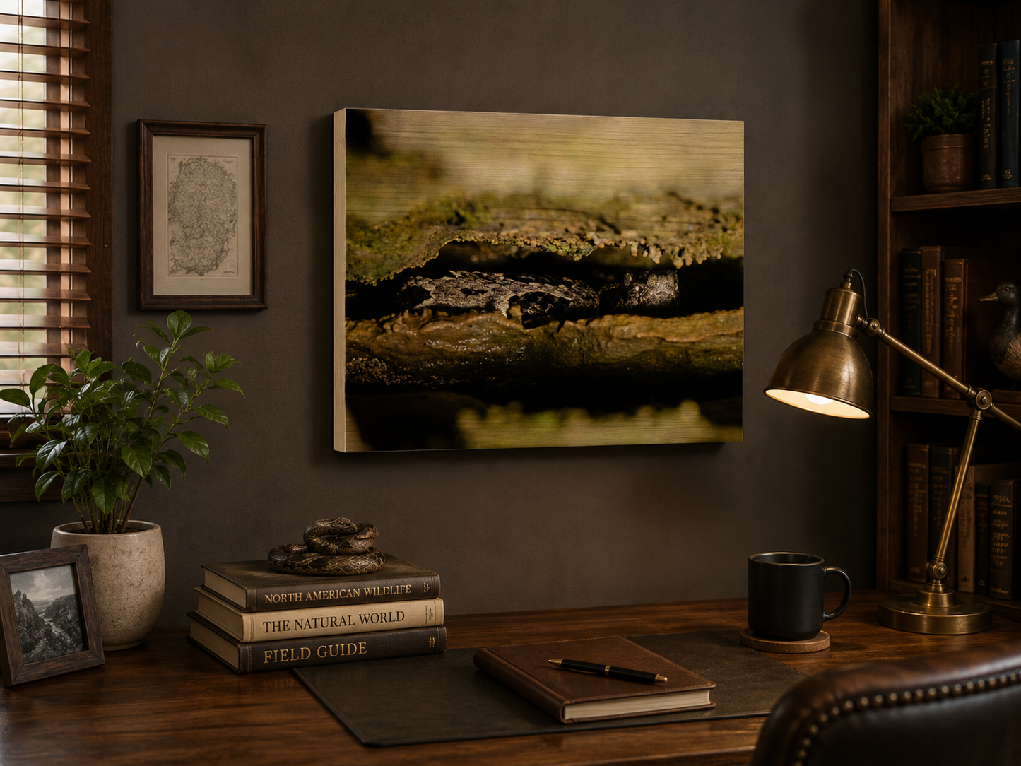 A square canvas wall art print depicting a close-up photograph of a Timber Rattlesnake in a rocky crevice.